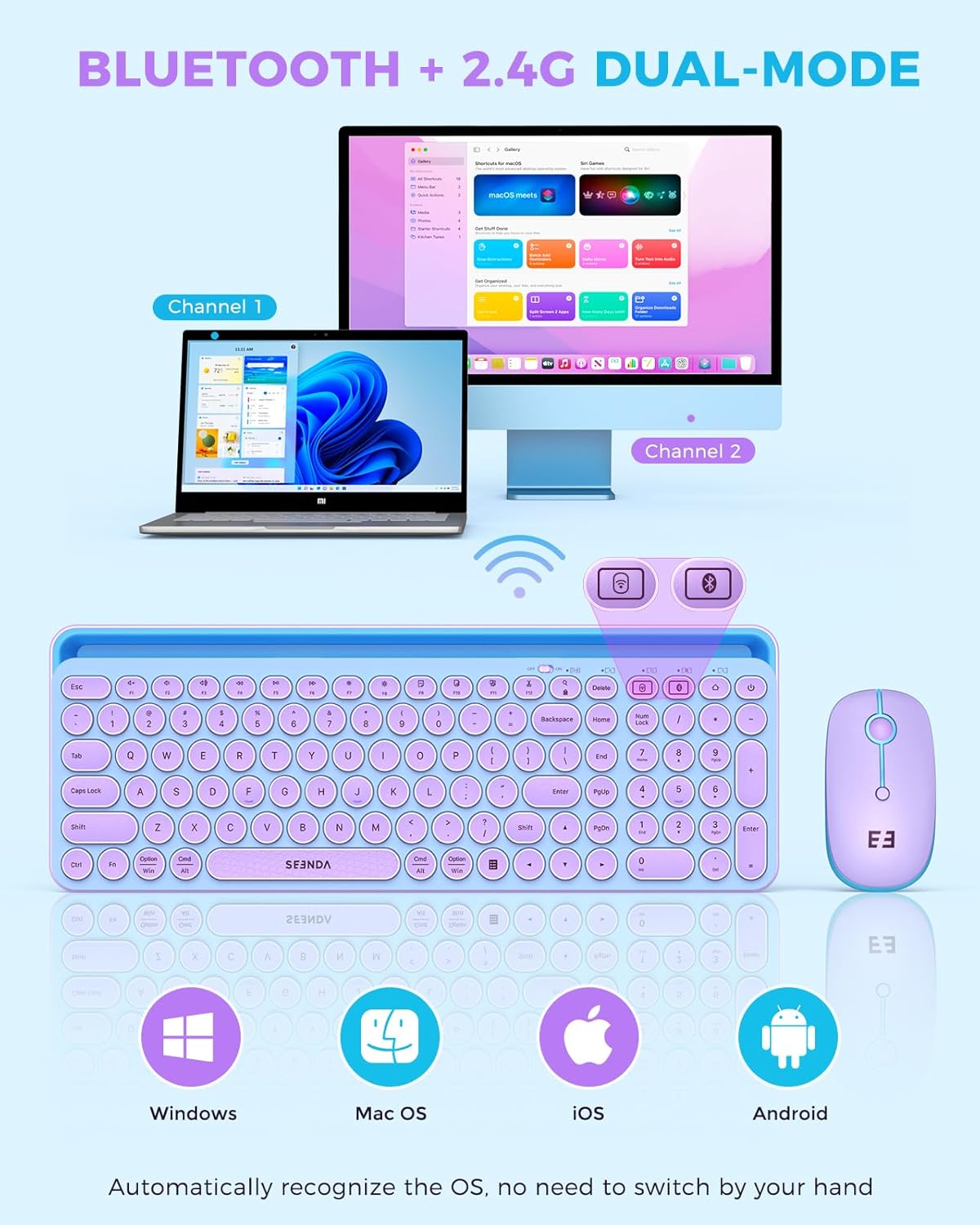 seenda Bluetooth Keyboard and Mouse for iPad, CTU-301 Multi-Device Bluetooth + 2.4G Wireless Keyboard Mouse with Tablet Holder for MacBook/Windows Computer, iOS/Andriod Tablet Phone, Blue & Purple