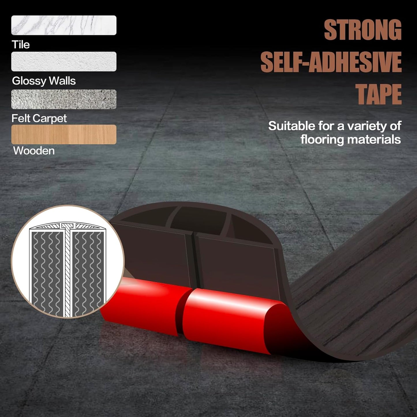 Floor Cord Cover Self Adhesive Cord Hider,20FT Cable Management, Extension Strip Protector for Wires, Prevent Cable Trips for Offices, Gyms, Exhibitions Cavity:0.39"(W) x 0.27"(H) Black Wood