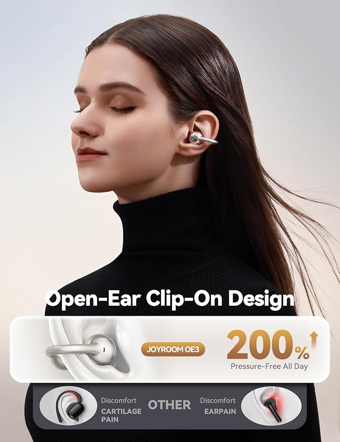 JOYROOM OE3 Open Ear Earbuds, Wireless Clip On Earbuds Headphones, Auto L-R Recognition, Omni Tap Control, Immersive Sound, Ultra-Light 4.9g Fit, Comfortable for Workouts and Daily Use, (Silver White)