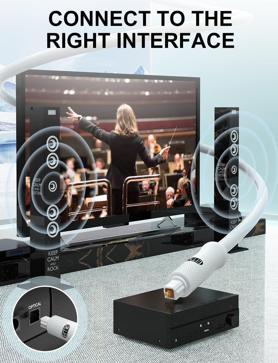 EMK White Optical Audio Cable [5ft/1.5M] - Digital SPDIF Toslink Fiber Optic Cable for Sound Bar, TV, Home Theater, Blu-ray Player - White, High-Speed, Low-Loss, Gold-Plated Connectors