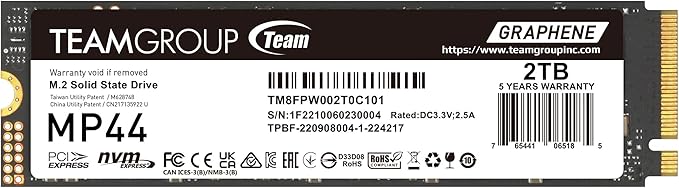 TEAMGROUP MP44 2TB SLC Cache Gen 4x4 M.2 2280 PCIe 4.0 w/NVMe Laptop, Desktop, NUC, NAS SSD Read/Write Speed up to 7000 / 6000MB/s TM8FPW002T0C101