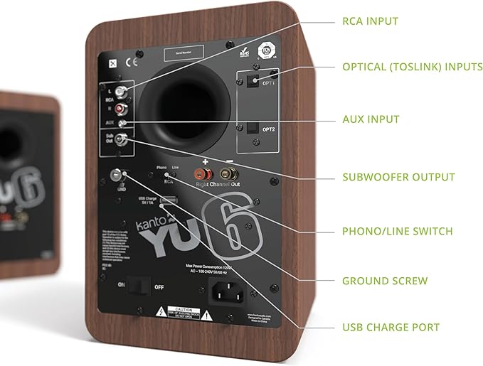 Kanto YU6WALNUT Powered Bookshelf Speakers with Bluetooth and Phono Preamp | Pair | Walnut