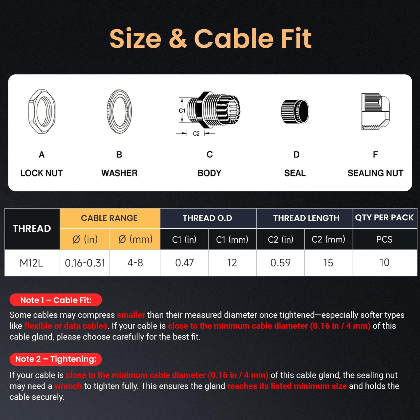 QILIPSU 10pcs M12L Long Thread Cable Gland Waterproof IP68 Nylon Strain Relief Cord Grip Cable Pass Through Wire Connector