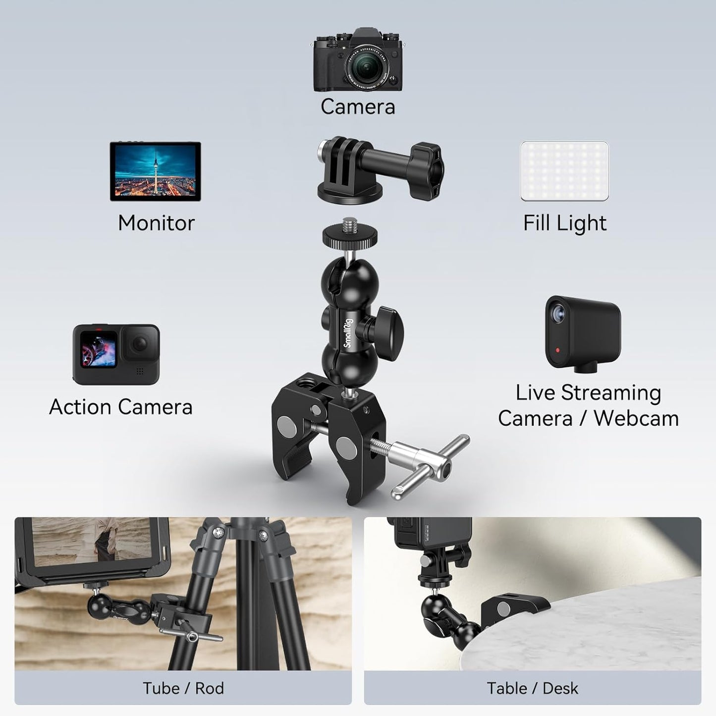 SMALLRIG Super Camera Clamp Mount, Double Ball Head Magic Arm Adapter, Fence/Desk/Tripod Mount for Monitor/Light/Camera, for Insta360, for Gopro