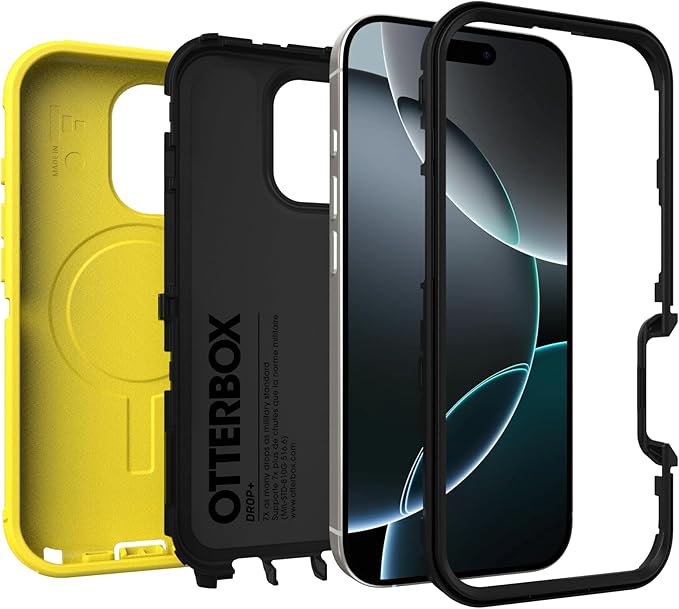OtterBox iPhone 16 Pro (Only) Defender Series MagSafe Case - Night Reverse (Yellow & Black) - Built-in Magnets - Screenless - Rugged & Durable - with Port Protection