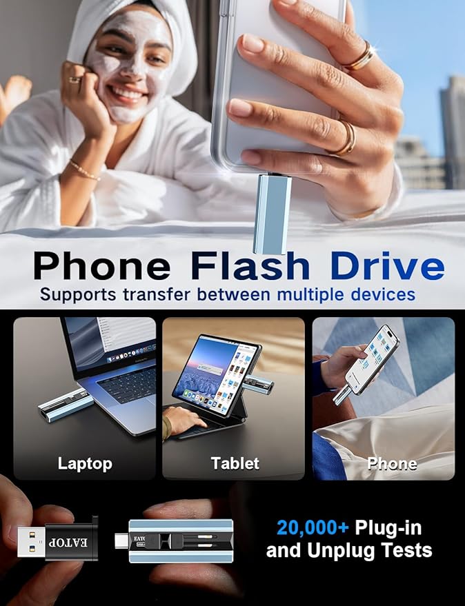 256GB Dual Interface Flash Drive, No App Required, Portable USB Storage Memory Stick for iPhone, iPad, Android, PC & Mac – Easily Stores Photos, Videos & Files (Mist Blue)
