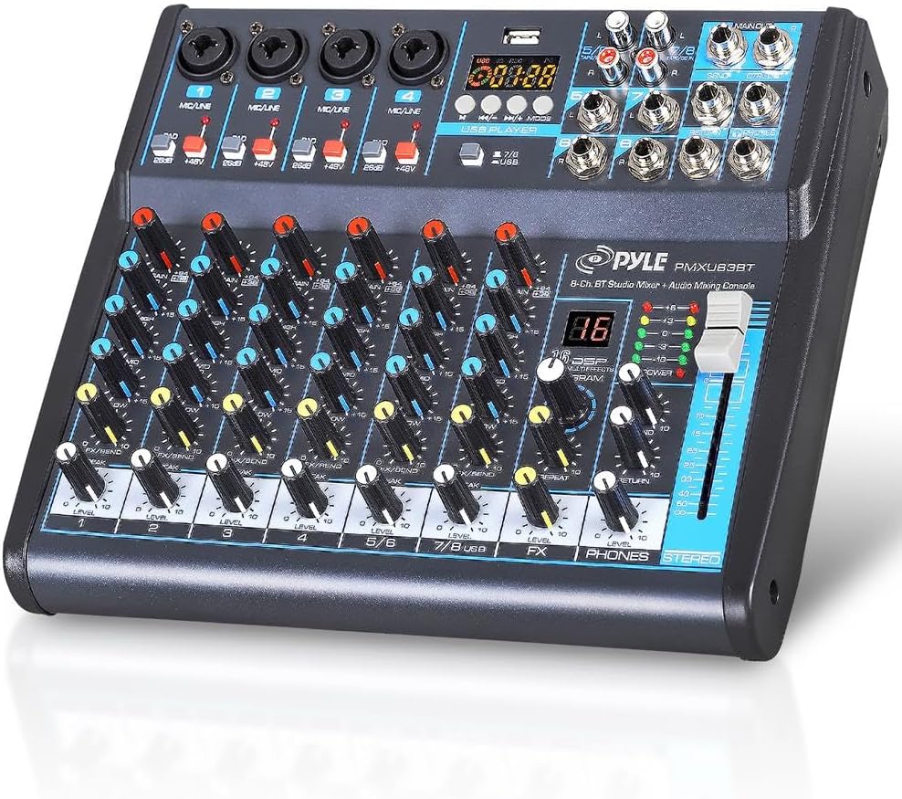 Pyle Professional Audio Mixer Sound Board Console Desk System- Interface 8 Channel Digital USB Bluetooth MP3 Computer Input 48V Phantom Power Stereo DJ Studio FX 16Bit DSP Processor, Black - PMXU83BT