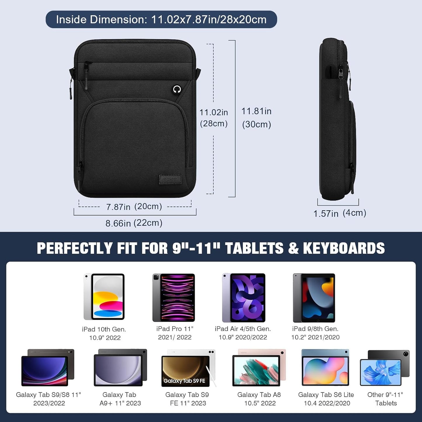 MoKo 9-11 Inch Tablet Sleeve Bag, Fits iPad Air 5/4th 10.9, iPad 9/8/7th 10.2, iPad 10th Gen. 10.9, iPad Pro 11 Inch, Tab S8/S9 11, Multifunctional Bag with Shoulder and Headphone Port, Black