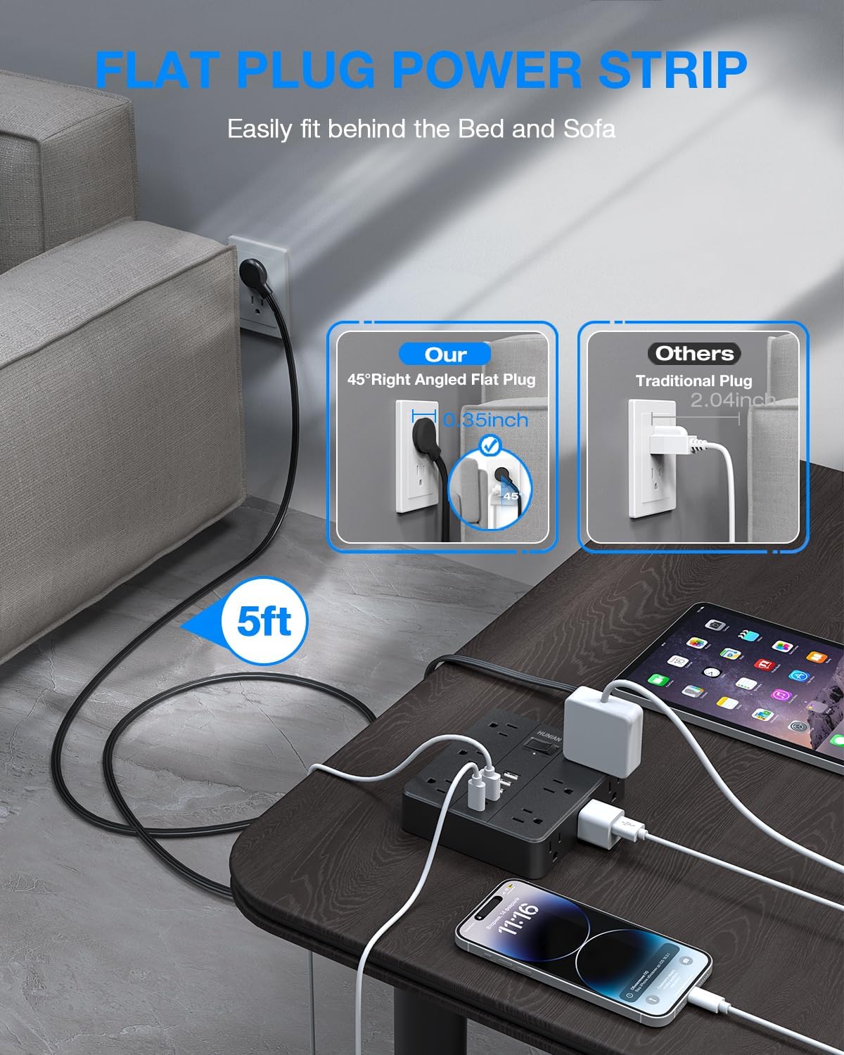 Extension Cord 25 Ft, HUNIAN Flat Plug Power Strip Surge Protector, 12 Widely Spaced Outlets with 6 USB Charger (2 USB C Ports), Desk Charging Station for Home Office Supplies, Dorm Room, Black