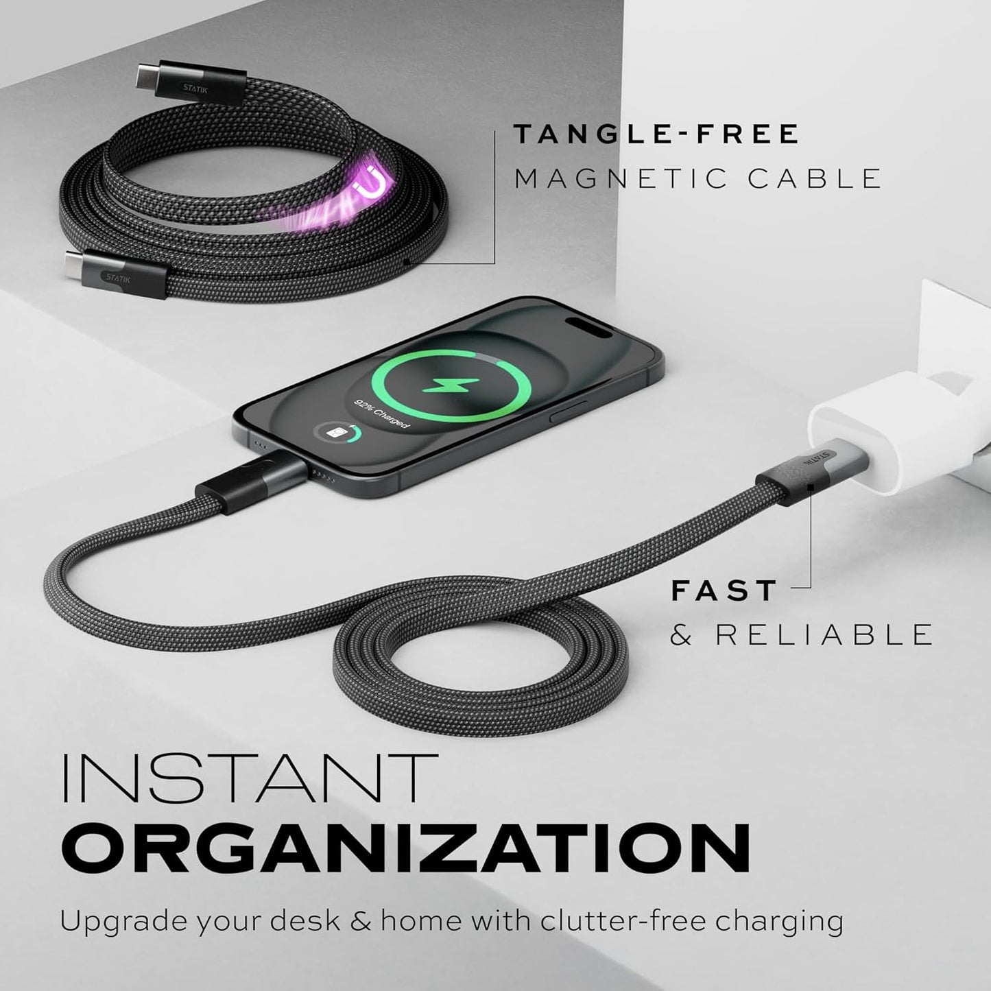 Statik MagStack USB C to USB C Cable, Magnetic Anti Tangle Flat Type C Charger Fast Charging Cord, Magnetic Charging Cable, Compatible with iPhone 16 Pro Max, 15, Galaxy S24 Ultra, 100W 6FT/2M