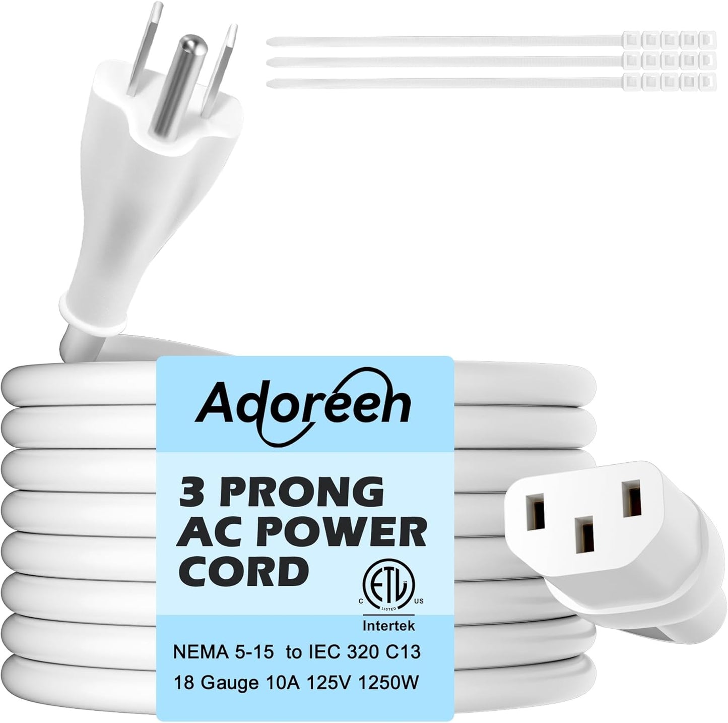 Adoreen 4 Ft Computer TV Replacement Power Cord White, 18AWG 3-Prong AC Universal Power Supply Cable NEMA 5-15P to IEC 320 C13 for Printer, PC, Monitor TV LCD, ETL+Ties