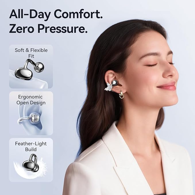 Kinglucky Gen2 Clip-On Earbuds with Butterfly Earrings, Charge & Store Without Removing Earrings, Comfortable Fit & 50H Playtime Open-Ear Bluetooth Headphones for Women, Small Ears, Gifts (Black)
