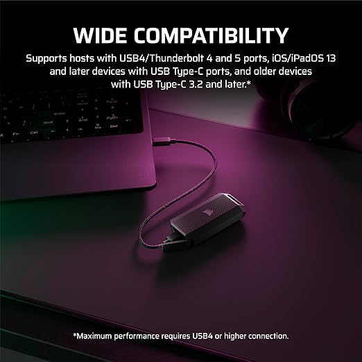 Corsair EX400U Survivor 1TB USB4 External SSD – Up to 4000 MB/s, IP55 Rugged Drive, Plug & Play for PC, Mac & iPad – Black