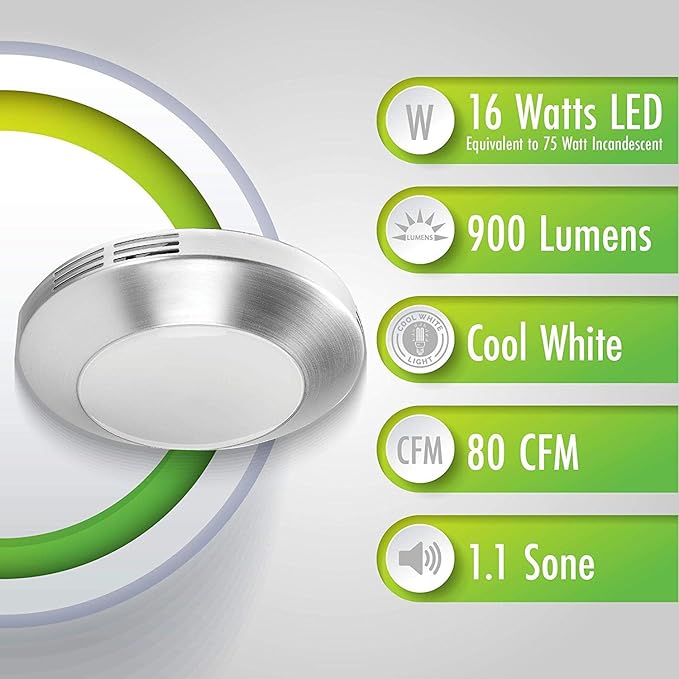 Homewerks 7117-01-BN Bathroom Integrated LED Light Ceiling Mount Exhaust Ventilation 1.1 Sones 80 CFM, Bath Fan Brushed Nickel