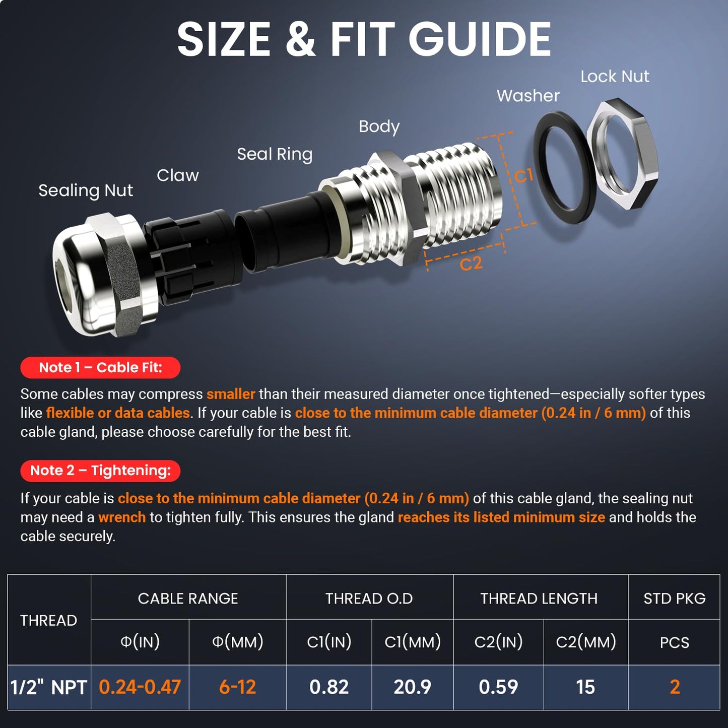 QILIPSU 2pcs 1/2" NPT 304 Stainless Steel Cable Gland Long Thread Waterproof IP68 Metal Strain Relief Cord Grip Cable Pass Through Wire Connector