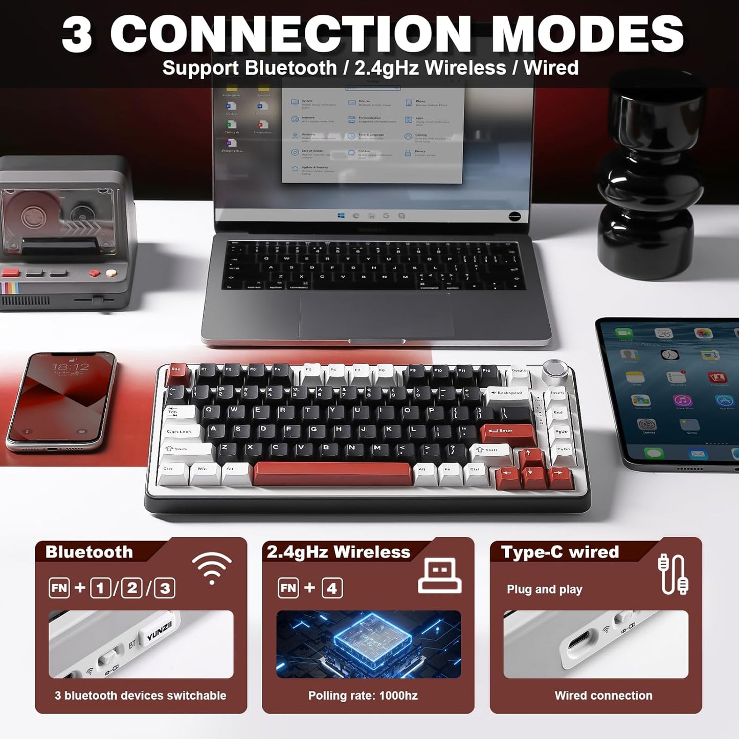YUNZII B75 PRO Wireless Mechanical Keyboard,75% Layout with Knob,Hot Swap Gasket Custom Structure,Creamy Pre-lubed Switches,RGB Backlit,Bluetooth/Type-C/2.4G for Win/Mac(Blue Grey Switch,Black)