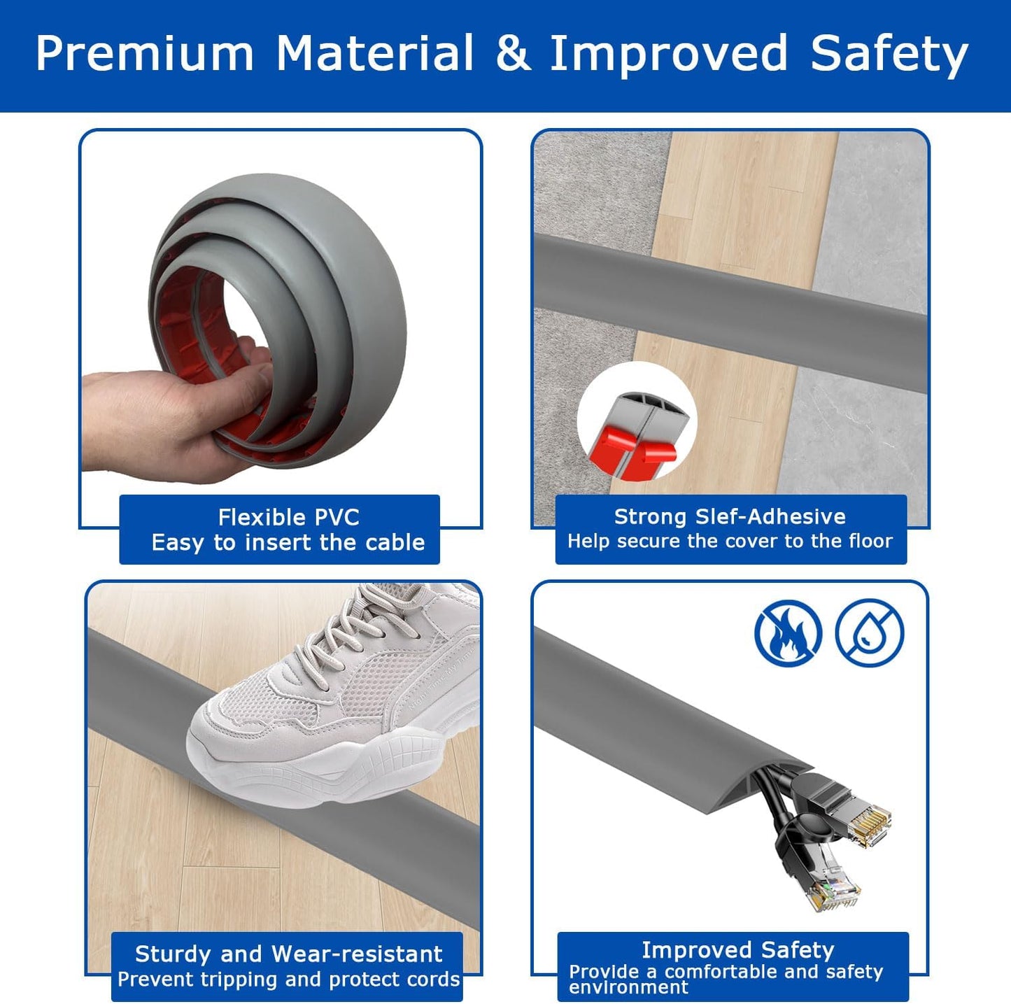 4ft Floor Cord Cover,Cord Hider Floor Gray,Extension Cable Cover Power Cord Protector Floor,Floor Cable Management Prevent Cable Trips,Cord Protector Cord Cavity:0.47" (W) x 0.24" (H)