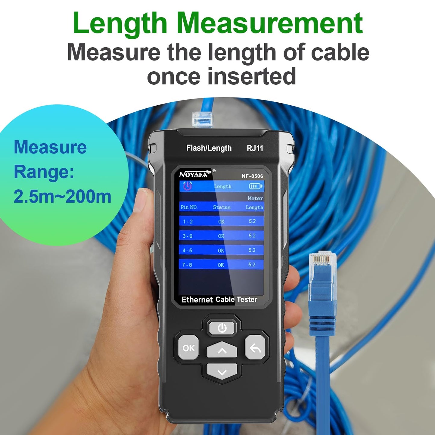 NOYAFA NF-8506 Network Cable Tester with IP Scan, TDR CAT5 CAT6 Ethernet Cable Tester, PoE PingTest, Network Rate Test, Port Flashing, Network Tester Cable Toner for RJ11 RJ45