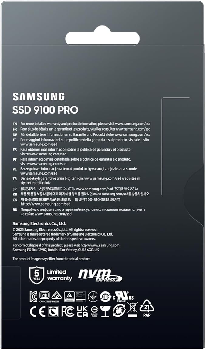 Samsung SSD 9100 PRO 2TB, PCIe 5.0x4 M.2 2280, Seq. Read Speeds Up to 14,700MB/s, Best for AI Computing, Gaming and Heavy Duty Workstations (MZ VAP2T0B/AM)