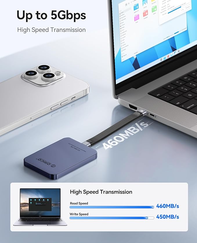 ORICO 1TB Magnetic External SSD, Aluminum Alloy, Up to 460MB/s, External Solid State Drive, Expand Storage for iPhone 17 Pro Max, Compatible w/MagSafe, USB-C Smartphones - K5MINI Blue