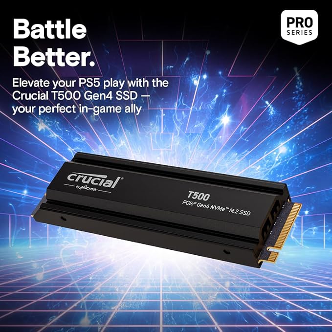Crucial T500 1TB PCIe Gen4 NVMe Gaming PS5 SSD with Heatsink, Up to 7,300MB/s, TLC NAND, PlayStation 5 Compatible, Laptop, & Desktop (PC), Solid State Drive, Includes 1Mo Adobe CC – CT1000T500SSD5