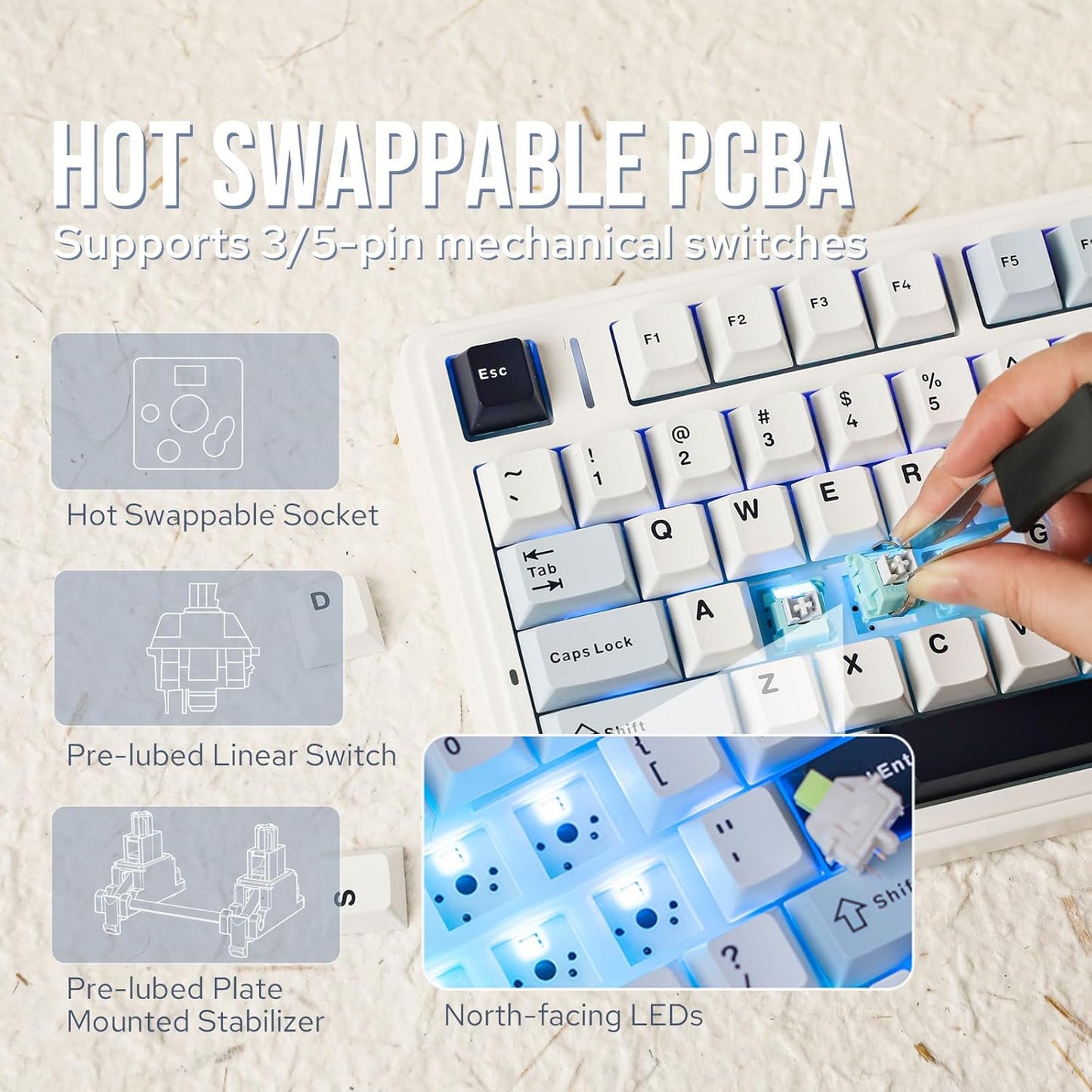 EPOMAKER x Aula F75 Gasket Mechanical Keyboard, 75% Wireless Hot Swappable Gaming Keyboard with Five-Layer Padding&Knob, Bluetooth/2.4GHz/USB-C, RGB (Light Blue, Ice Vein Switch)