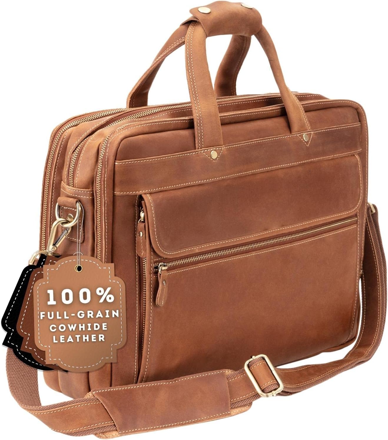 Luxorro Full Grain Leather Briefcase for Men, Light Brown, 17"(W) x 13"(H) x 5"(D), Fits 15.6 Inch Laptop