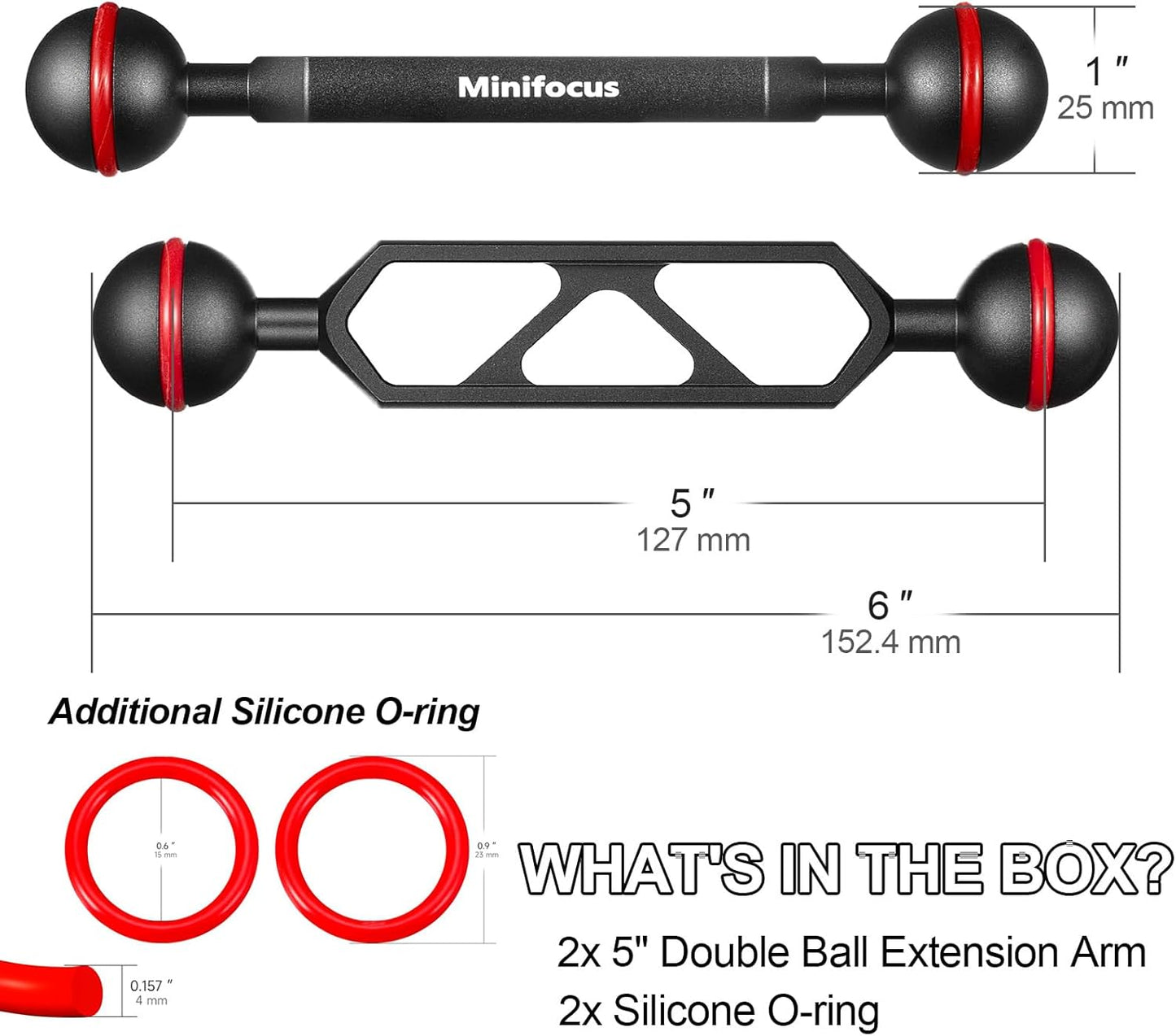 MINIFOCUS 5" Double Ball Aluminum Extension Arm, 1" Ball Head Connector Underwater CNC Arm System Ball Head Extension for Strobe/Video Light/Diving Camera Tray, Waterproof and Rustproof (2pack)