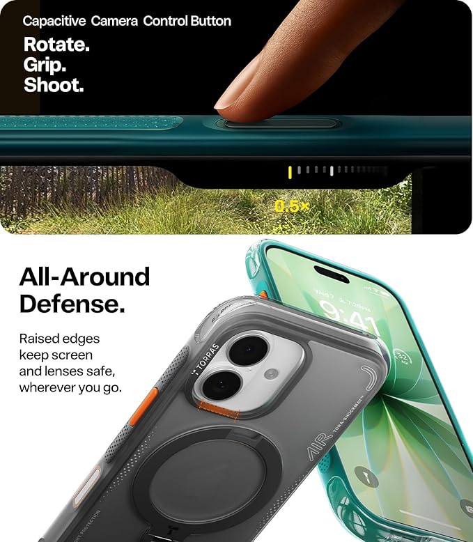 TORRAS Ostand Q3 Air for iPhone 17 Case with 360 Magnetic Stand, Fit for MagSafe, Mil-Grade Drop Tested, Camera Control Button, Shockproof Phone Case for iPhone 17 6.3'', Glacier Sprint