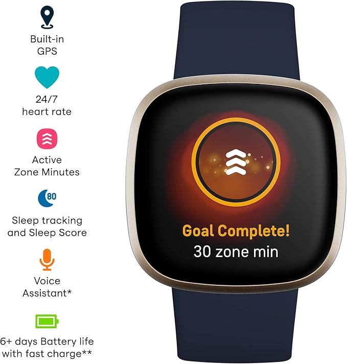 Fitbit Versa 3 Health & Fitness Smartwatch with GPS, 24/7 Heart Rate, Alexa Built-in, 6+ Days Battery, Midnight Blue/Gold, One Size (S & L Bands Included)