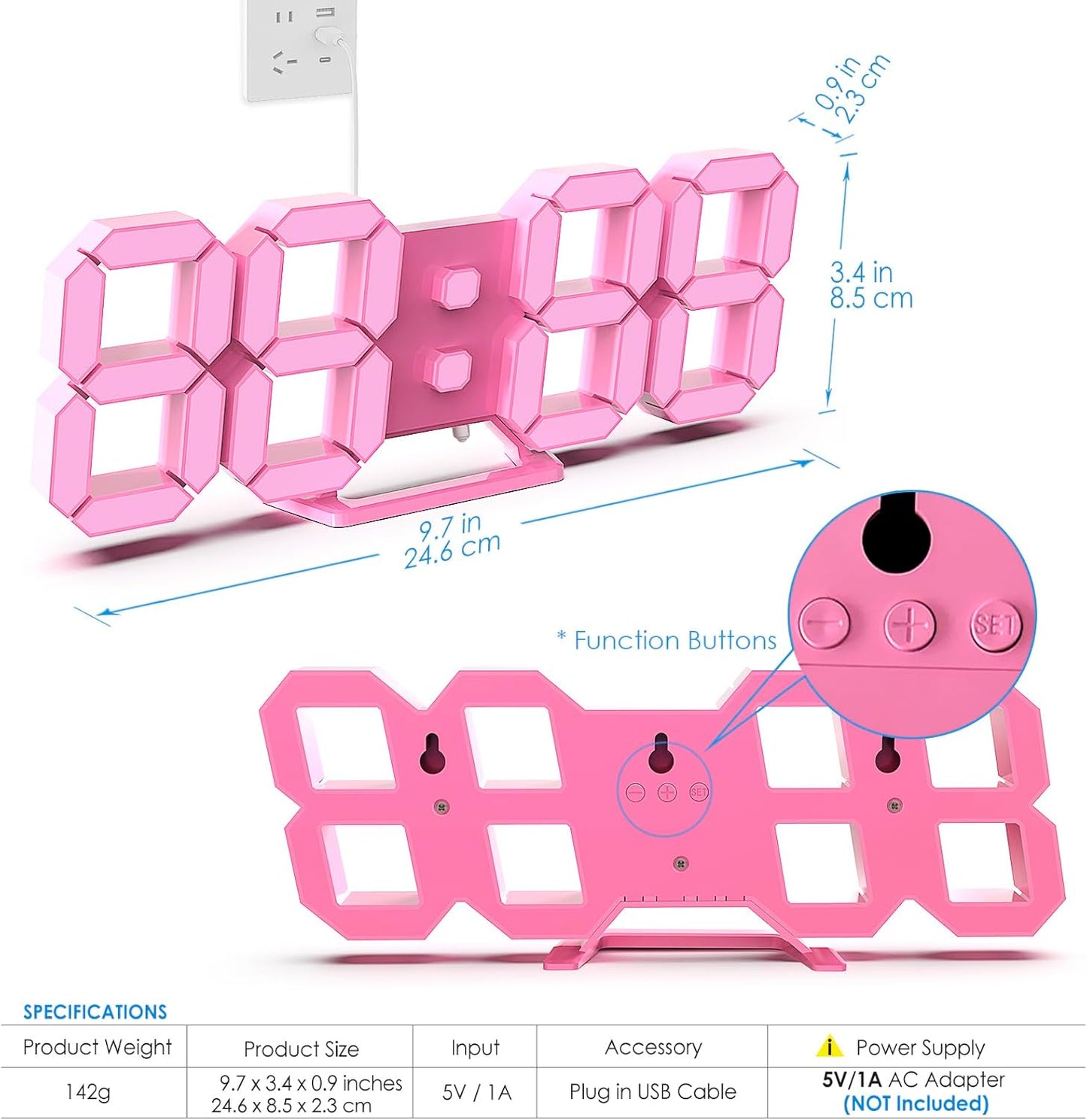 KOSUMOSU Pink LED Clock 3D Wall Clock 9.7" Table Clock for Living Room Modern Digital Clock for Bedroom Aesthetic Bedside Desk Clock with Remote/Dimming/12/24H/Temp/Alarm Clock/Date