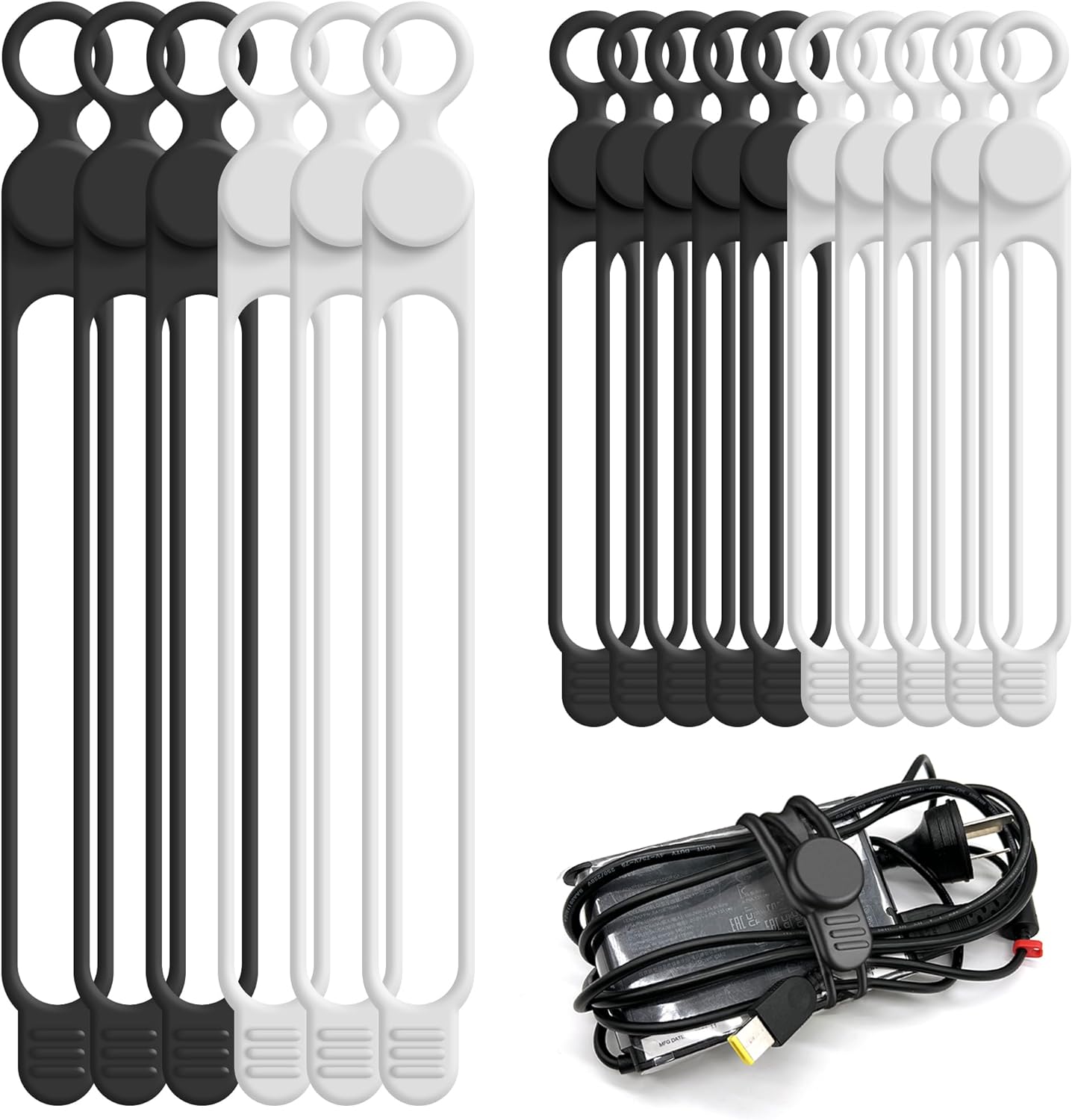 Nearockle Silicone Cable Ties Cord Organizer Cable Management, 16Pcs 4.2" and 7.1" Reusable Cable Organizer Electronic Accessories for Home, Office, Kitchen, School, Travel(Black&White)