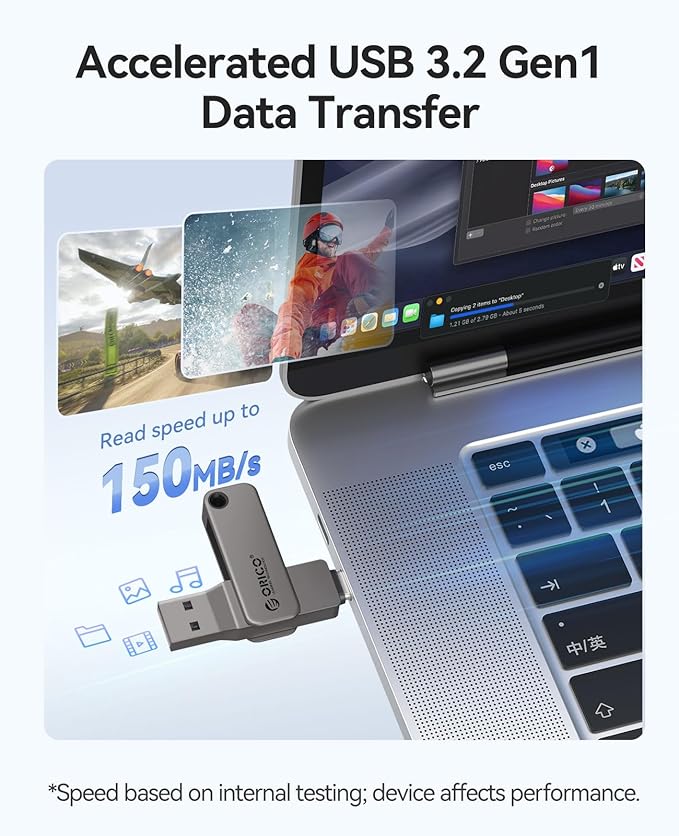 ORICO USB-Cand USB-A Flash Drive 150MB/S Metal Housing Swivel Design Support OTG Function 2 in 1 PenDrive 32GB for USB C and USB A Devices -EB05 BL