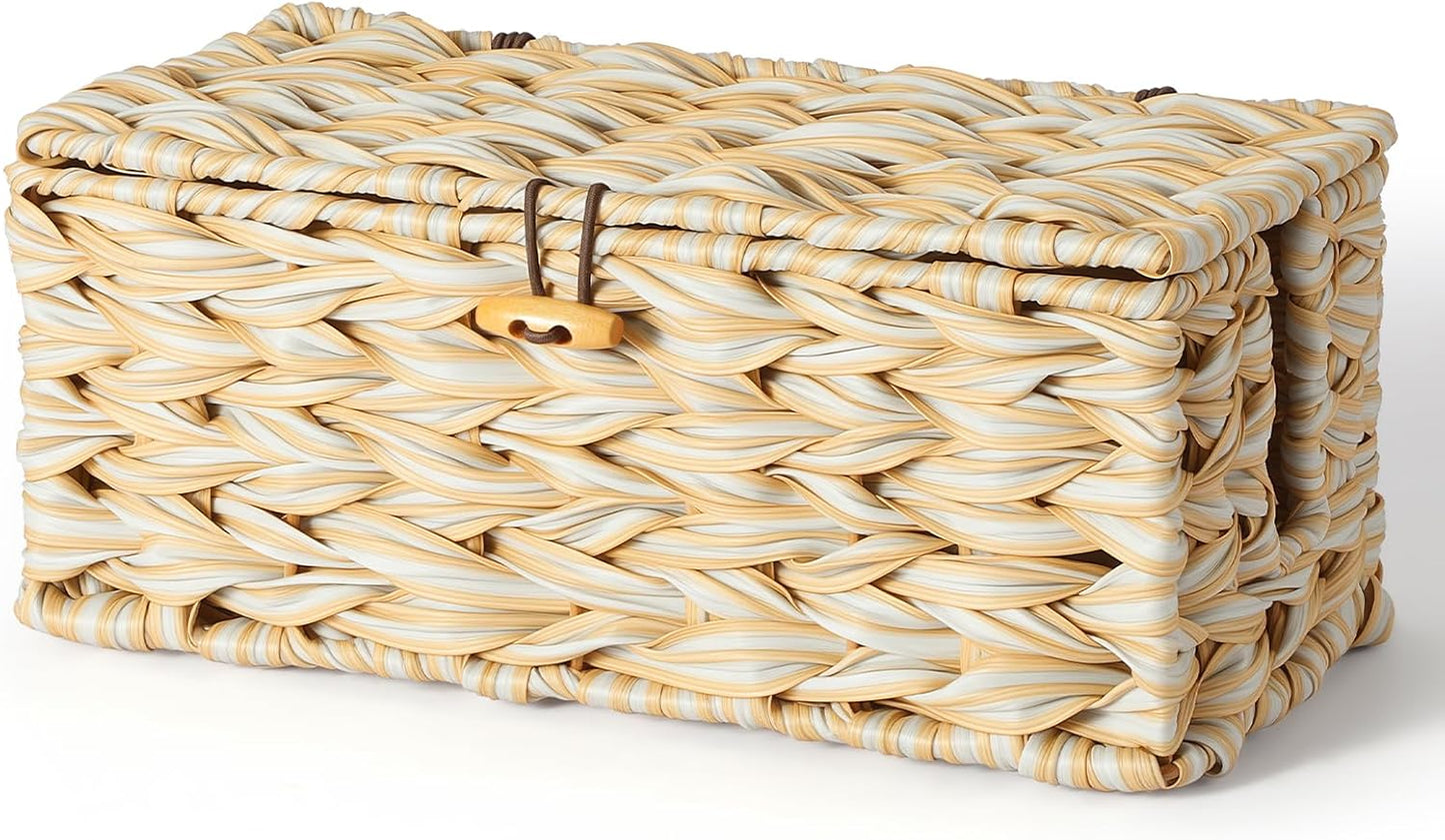 Delamu Handmade Synthetic Rattan Cable Management Box, Flat Weave Desk Organizer with Wire Management, Multi Purpose Cord Hider Box, 12.5" Lx 5.3" Wx 5.3" H, Natural & White