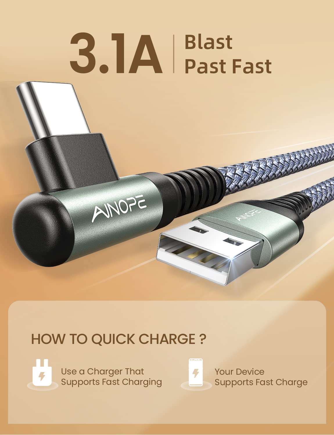 AINOPE USB Type C Cable [2-Pack, 1.6ft] 3.1A Type C Charger Fast Charging Right Angle, Durable Nylon Braided USB C Cable, Smartphone