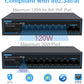 8 Port Gigabit PoE Switch with 2 Gigabit Uplink, 1000Mbps, 802.3af/at, 120W Built-in Power, Vlan, Unmanaged Metal Plug and Play,Ideal for NVR and Power Over Ethernet IP Cameras