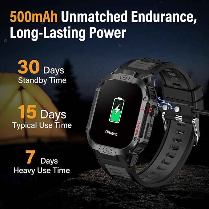 Military Smart Watch for Men, 2.02" Outdoor Sport Smartwatch with Flashlight, Heart Rate Blood Oxygen Blood Pressure Sleep, 100+ Sport Modes Fitness Tracker Compatible Android and iOS Black