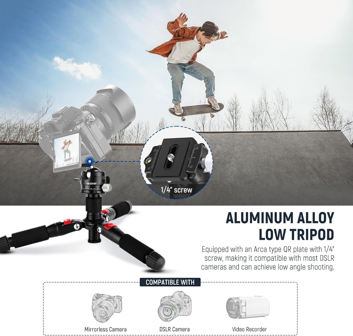 NEEWER Desktop Mini Tripod, 20'' Aluminum Alloy Small Table Top Desk Portable Travel Stand, 360° Ball Head, 1/4" QR Plate for DSLR Camera Camcorder Video Recording, Max Load 11 lbs, Cleaning Cloth