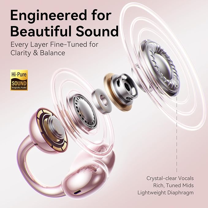 Kinglucky Jewelry-Inspired Clip-On Earbuds with Diamond Earrings, Comfortable Fit & 40H Playtime Open Ear Bluetooth 5.4 Wireless Headphones for Women, Small Ears, Sports & Glasses Rose Gold