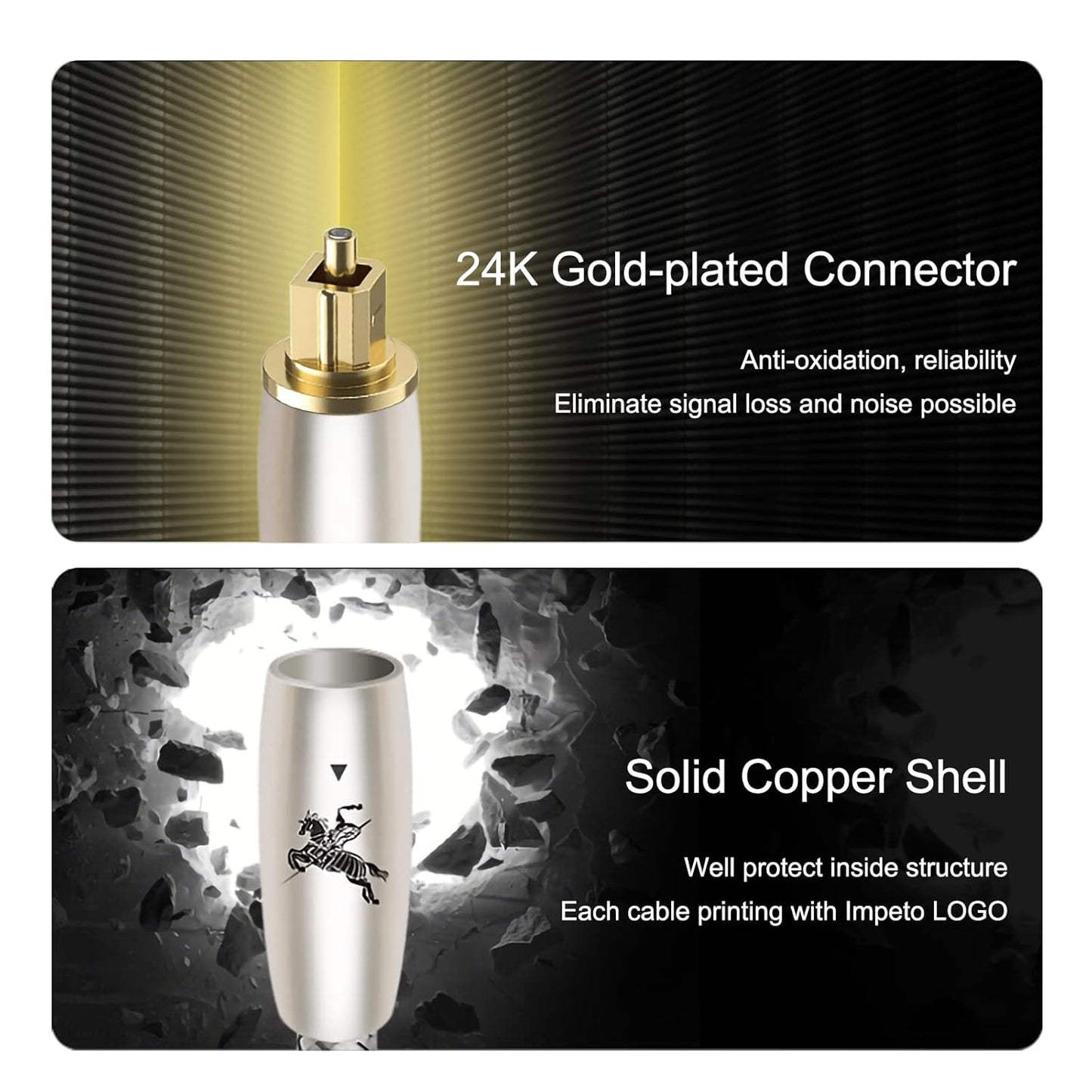 Digital Fiber Optic Audio Cable for Sound Bar Toslink Cord Male to Male 24K Gold Plated Connector Optical Audio Cable 6ft 10ft S/PDIF Glass Core, 6.56feet/2M IMP-2201