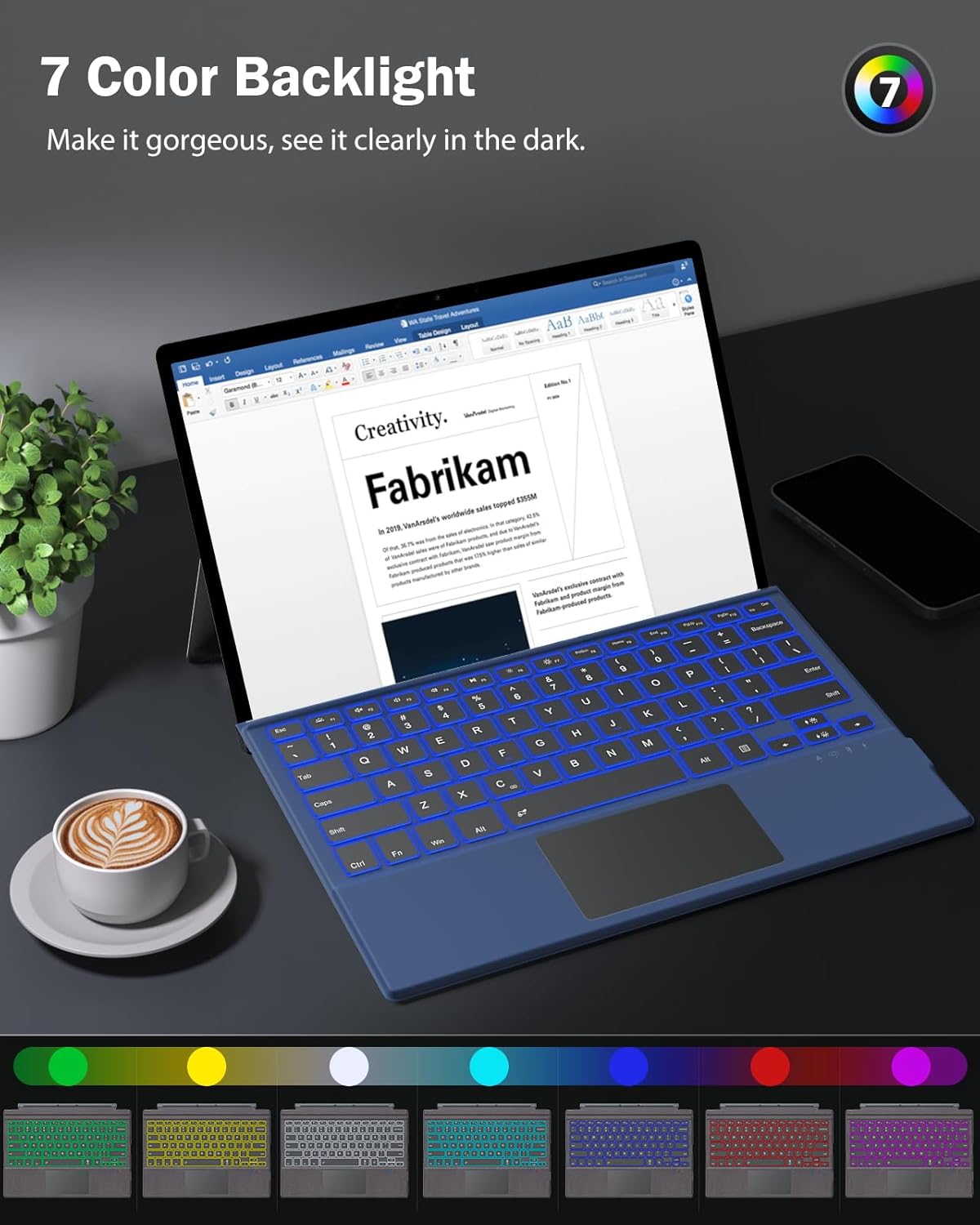 MoKo Type Cover Fit Microsoft Surface Pro 7 Plus/Pro 7/ Pro 6/ Pro 5/Pro 4/3, Ultra-Slim Wireless Bluetooth Tablet Keyboard with Trackpad, 7-Color LED Backlit, Built-in Rechargeable Battery, Indigo