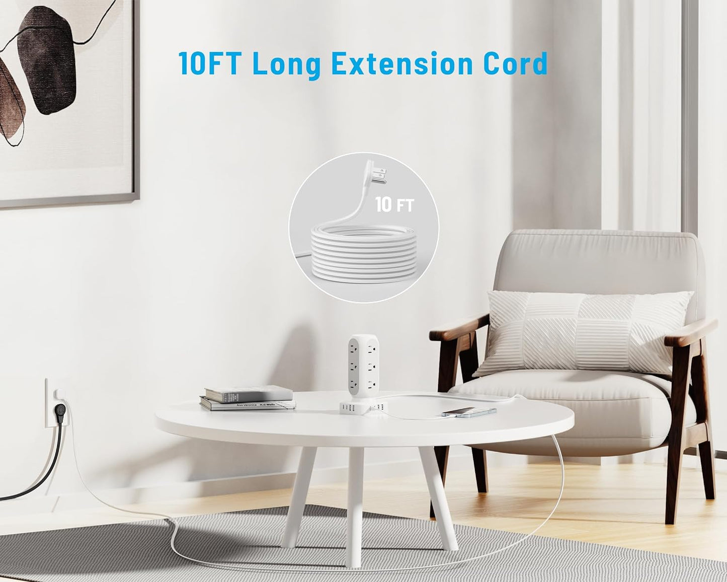 65W Fast Charging Station, Flat Plug Power Strip Tower with 12 AC Outlets & 8 USB Ports (2 PD USB-C Ports), 10FT Extension Cord, Compatible for MacBook Pro, iPhone Series.