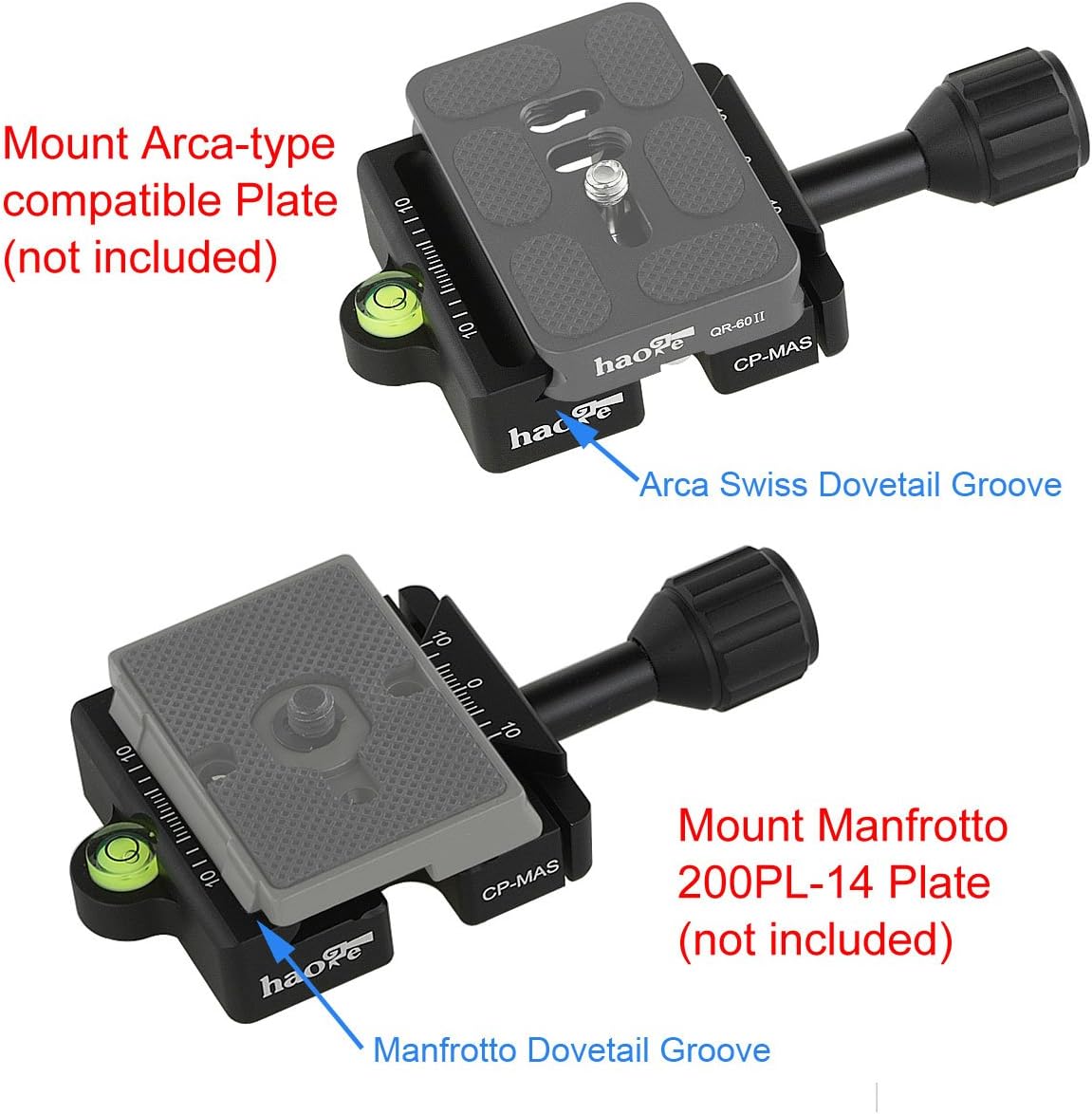 Haoge CP-MAS Screw Knob Clamp Adapter Mount for Quick Release QR Plate Camera Tripod Ballhead Monopod Ball Head Fit Arca Swiss and Manfrotto 200PL-14 RC2 Plate