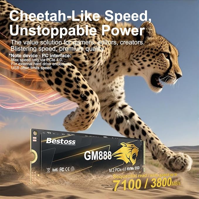512GB PCIe 4.0 M.2 2280 NVMe SSD for PC, PS5, Laptops, Up to 7100MB/s, Internal Solid State Drive, Dynamic SLC Cache, HMB, Engineered for Gamers, AI Developers, Video Editors, Pro Creators GM888