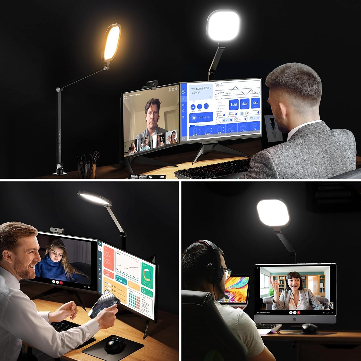 1Pack Video Conference Lighting, Zoom Lighting for Computer with Clamp, 30 Light Modes, Eye-Caring Swing Arm Desk Light with Memory & Timing Func for Home Office, Video Call, Video Conferencing