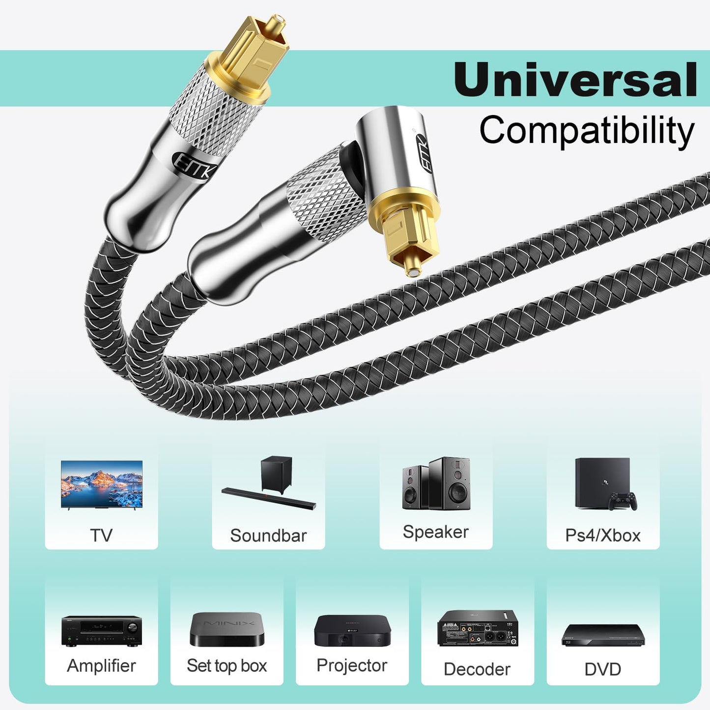 EMK Premium 24K Gold-Plated Right Angle Optical Cable – 90° Toslink to Toslink (8M/25Ft), 360° Rotatable for Soundbars, TVs & Home Theater