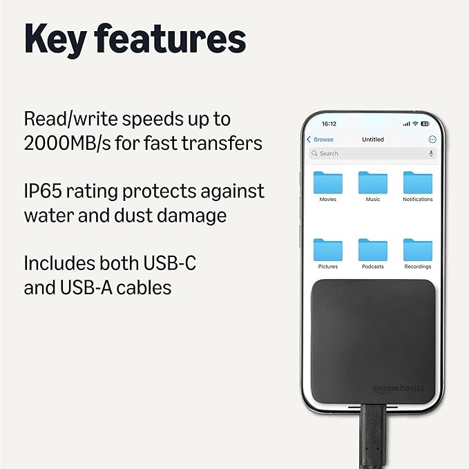 Amazon Basics Portable External SSD, 2TB, 2000MB/s Speeds, USB 3.2 Gen 2, IP65 Water & Dust Resistant, Black