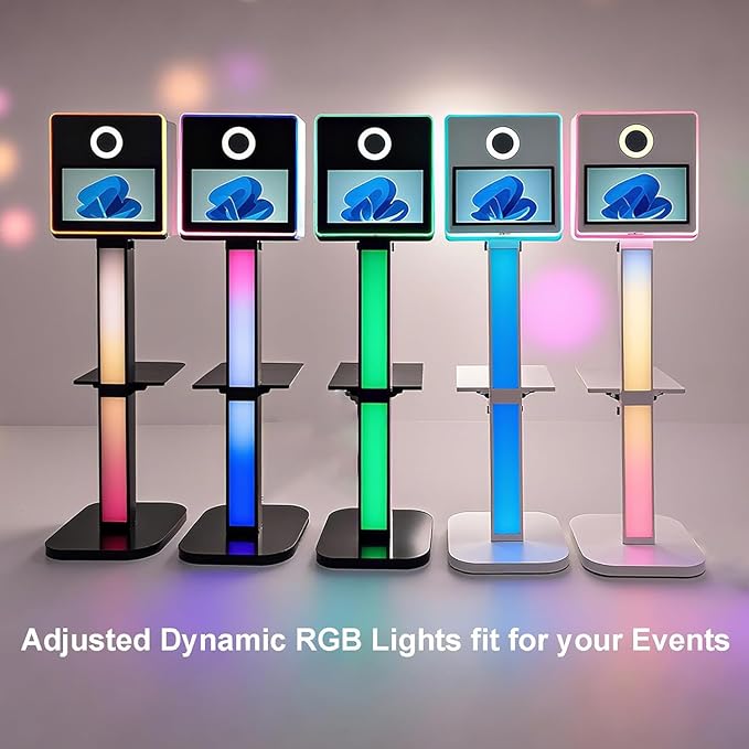 Photo Booth with Printer, Portable Selfie Photobooth Machine 15.6-in Mirror Touch Screen for Events Wedding Birthday School Party Rental RGB Lights Stand (Black Color+ Printer No Camera)