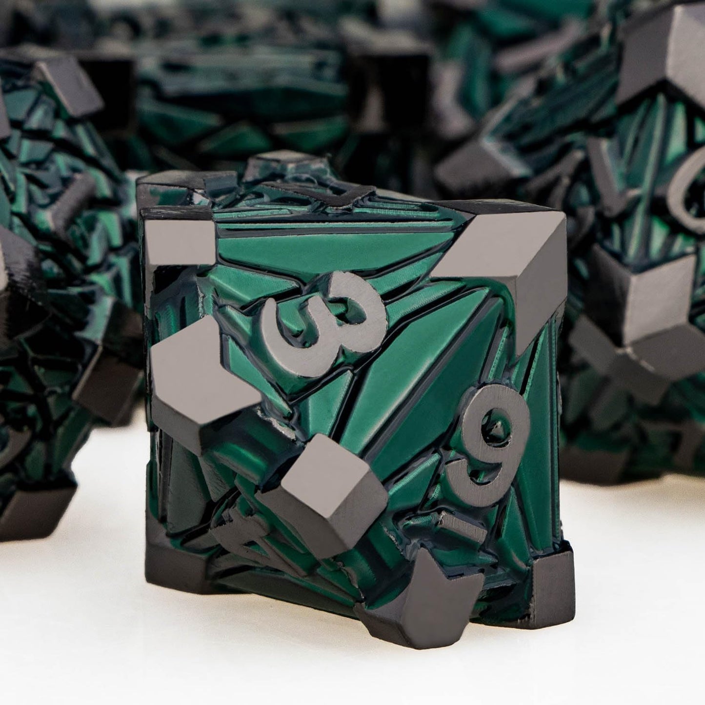 7PCS Metal DND Dice Set with Box, Debris RPG Green D and D Dice for use with D&D Tabletop Games Role Playing Game Polyhedral Dice Set D20 D12 D10 D8 D6 D4