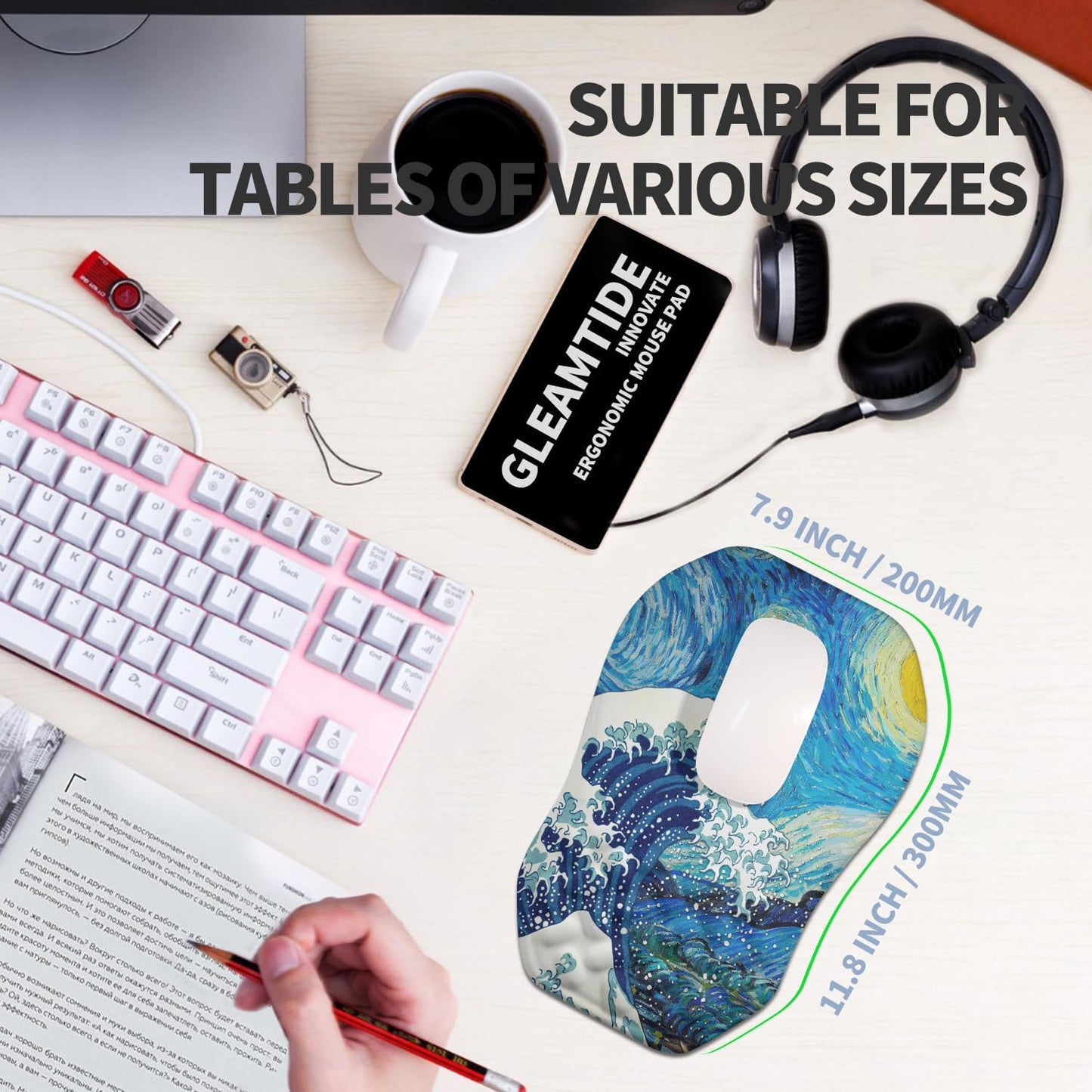 Ergonomic Raised Mouse Pad Wrist Support with Bilateral Slope Memory Foam Mousepad for Wrist Rest and Carpal Tunnel Pain Relief 11.8x7.9〃Starry Night Waves